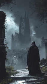 Cloaked wanderer stalks a stormlit gothic ruin of spires.