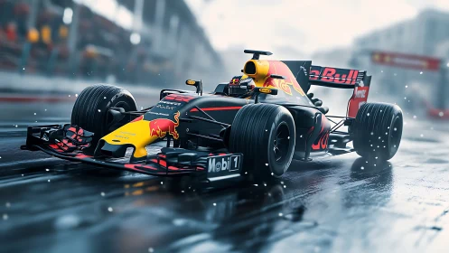 Formula car accelerates on wet track with motion blur effects