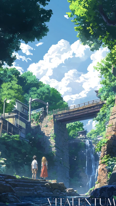 Sunlit riverside aqueduct with waterfall and two youths