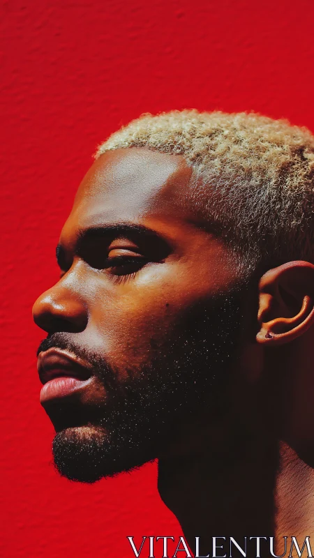 Side profile portrait against bold red textured wall.