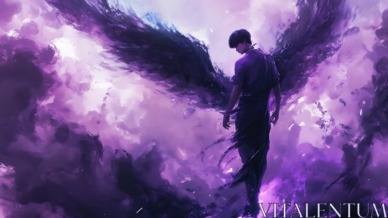Solitary winged figure amid dense violet cloudscape.