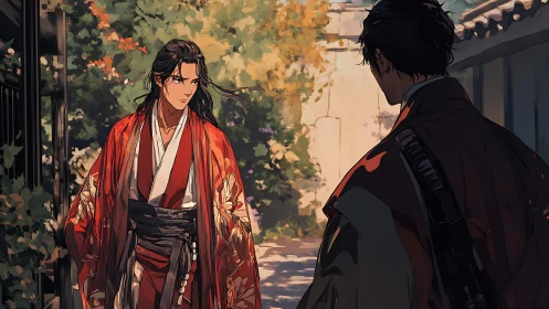 Quiet courtyard meeting between two wandering samurai.