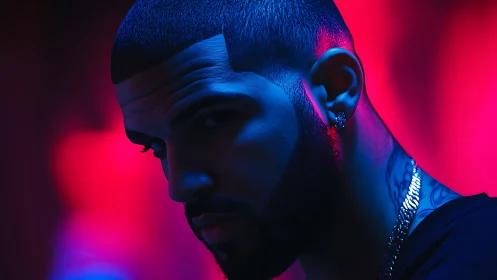 Chromatic side-lit male portrait under neon key lighting.