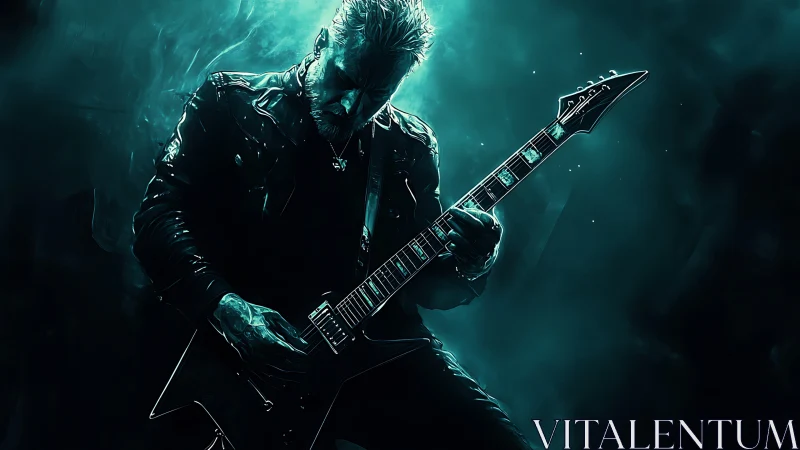 Electric guitarist lost in glowing teal stage energy.