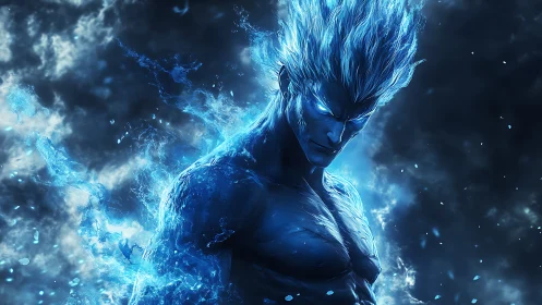 Bioluminescent blue elemental warrior rendered in dynamic detail
