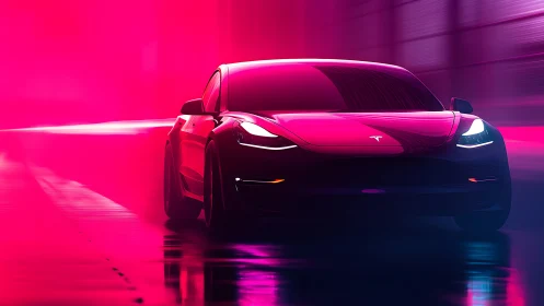 Electric sports sedan glides through neon tunnel at speed