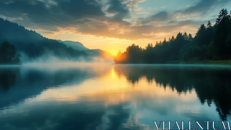 Sunrise mist drifts across a tranquil forest lake mirror.