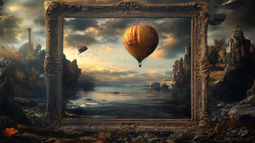 Hot air balloon is framed within layered coastal landscape