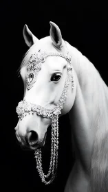 White horse in jeweled bridle stands in dramatic studio light