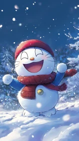 Joyful cartoon snowman celebrates snowfall in winter forest