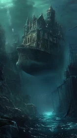Floating fortress above flooded ravine in teal light.