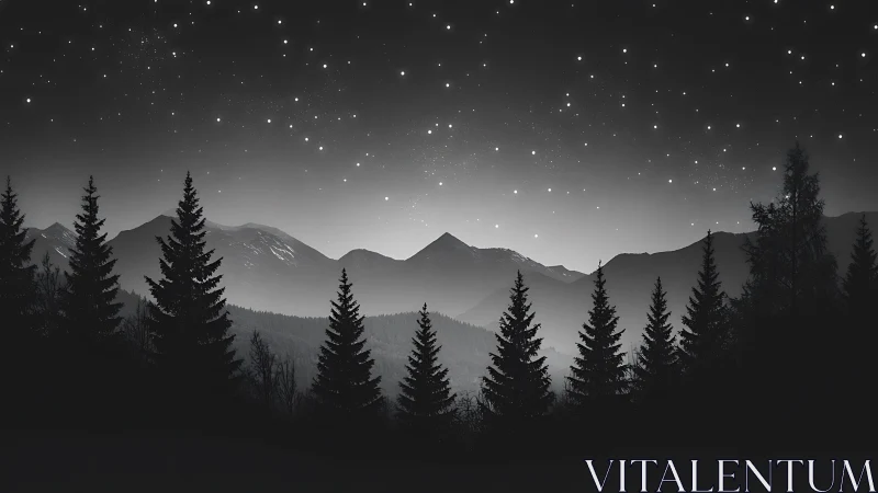 Monochrome conifer forest silhouette under starlit mountains.