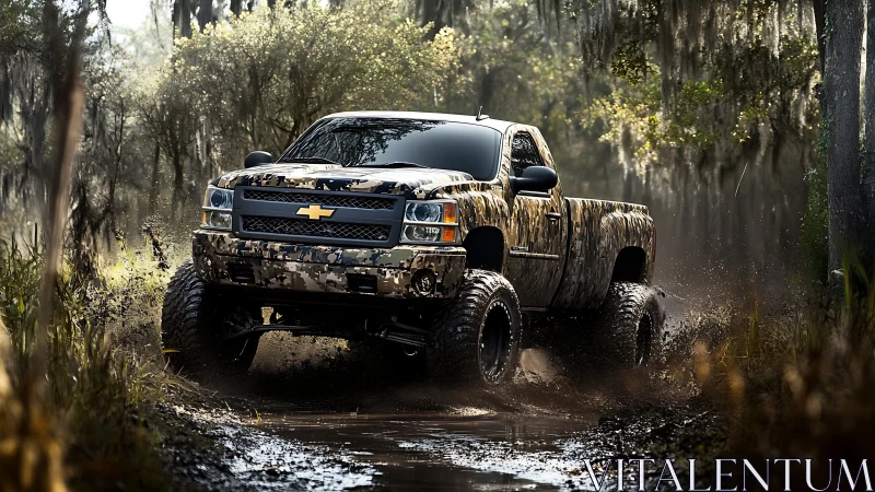 Lifted camouflage pickup powers through muddy forest water track