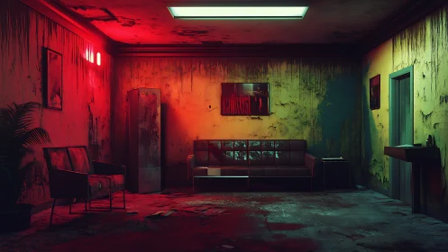 Moody neon lounge glows in a decayed, abandoned waiting room