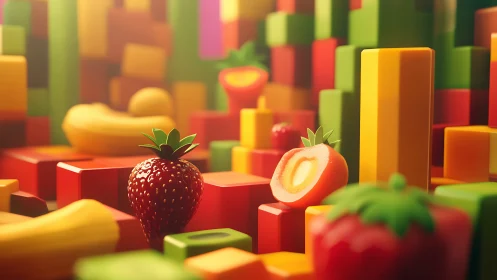 Strawberries rise in a playful geometric fruitscape.