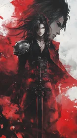 Crimson warrior with greatsword in dynamic red abstraction.