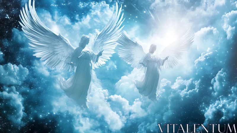 Radiant guardian angels ascend through luminous heavenly clouds.