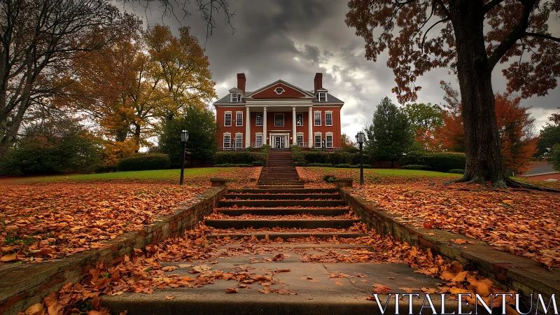 Brick mansion stands beyond leaf covered stone stairway