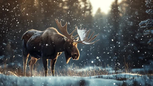 Snowlit monarch moose pauses in a glittering forest hush.