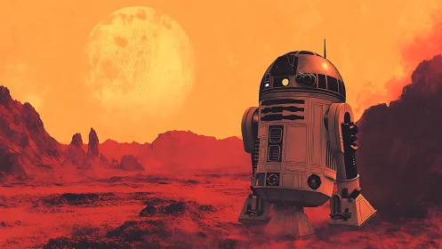 Astromech droid surveys red desert under oversized sun