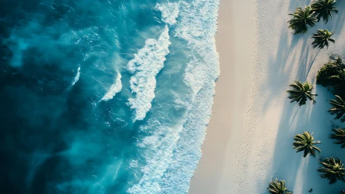 Aerial shoreline captures orthogonal surf bands and palm shadows