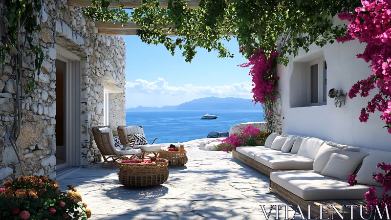 Mediterranean stone terrace overlooks vivid turquoise sea