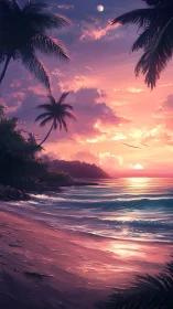 Digital seascape shows tropical beach under vivid sunset sky