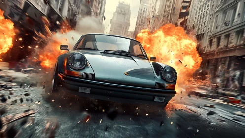 Sports car on city street amid large urban explosions.