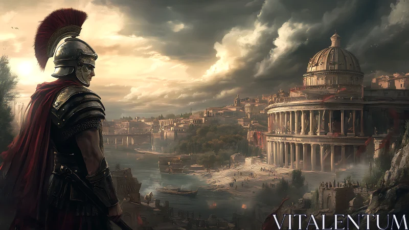 Armored legionary overlooking classical riverfront cityscape.