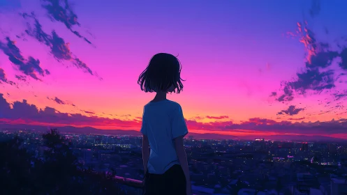 Quiet evening girl watching a dreamy neon city sunset.