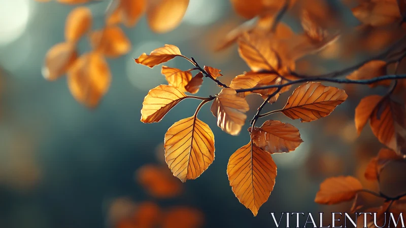 Close-up of autumn leaves on a branch, soft bokeh background.
