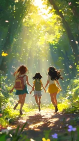 Sunlit forest path welcomes three joyful friends running