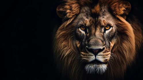 Lion face framed by dark background with directional light