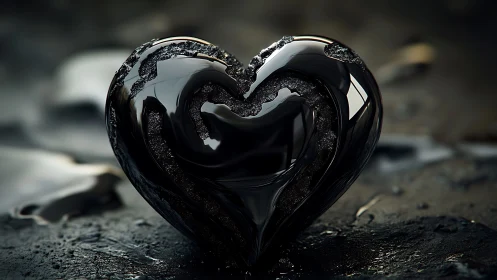 Black Glass Heart on Granular Surface.