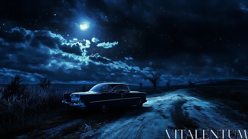 Vintage coupe under high-contrast moonlit sky on rural dirt road
