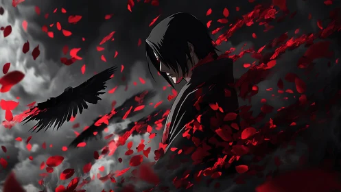 Brooding anime figure amid storm clouds and crimson petals.