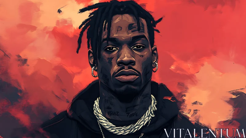 Digital portrait of male figure against abstract red field