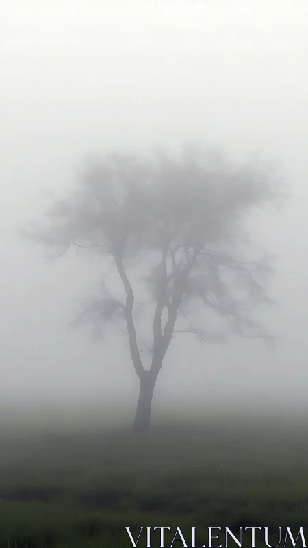Solitary mist-born tree standing quiet in pale morning hush.