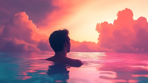 Solitary swimmer gazes toward a neon pastel sunset horizon.