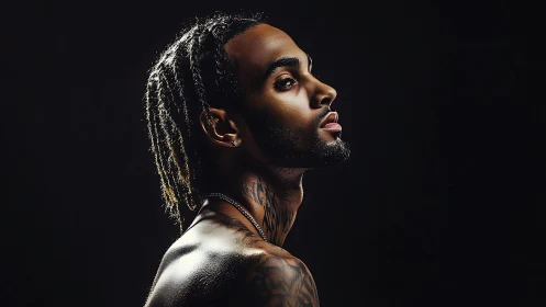 Striking side portrait of a thoughtful tattooed man in light.