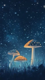 Glowing forest mushrooms basking under a dreamy starlit sky.