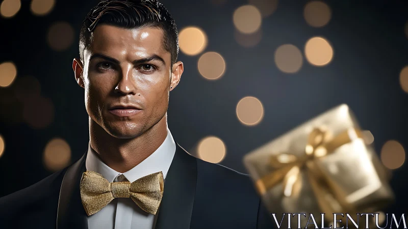 Elegant party guest in gold bow tie holding a gift.