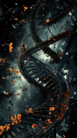 Digital painting of bio-mechanical DNA helix with orange spores.