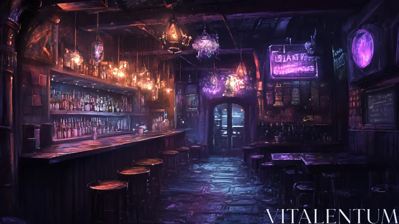 Neon-lit vintage bar interior with moody purple ambience.