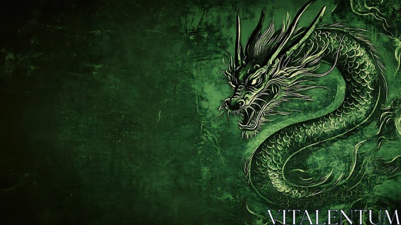 Ink-rendered emerald dragon on distressed grunge field.