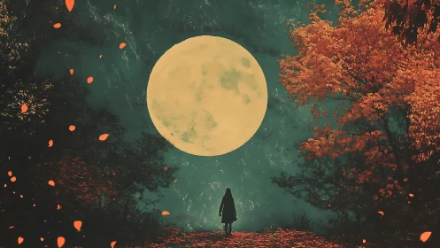 Lone figure walks toward a glowing full moon in autumn forest