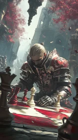 Armored warlord contemplates a blood-red chessboard of fate