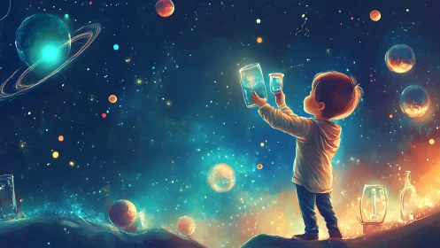 Child standing under cosmic sky holding glowing glass jars.