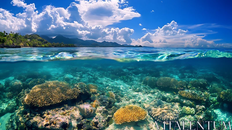 Tropical coral reef and coastal island under bright daylight.