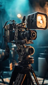 Cinema camera rig stands under moody teal and amber light